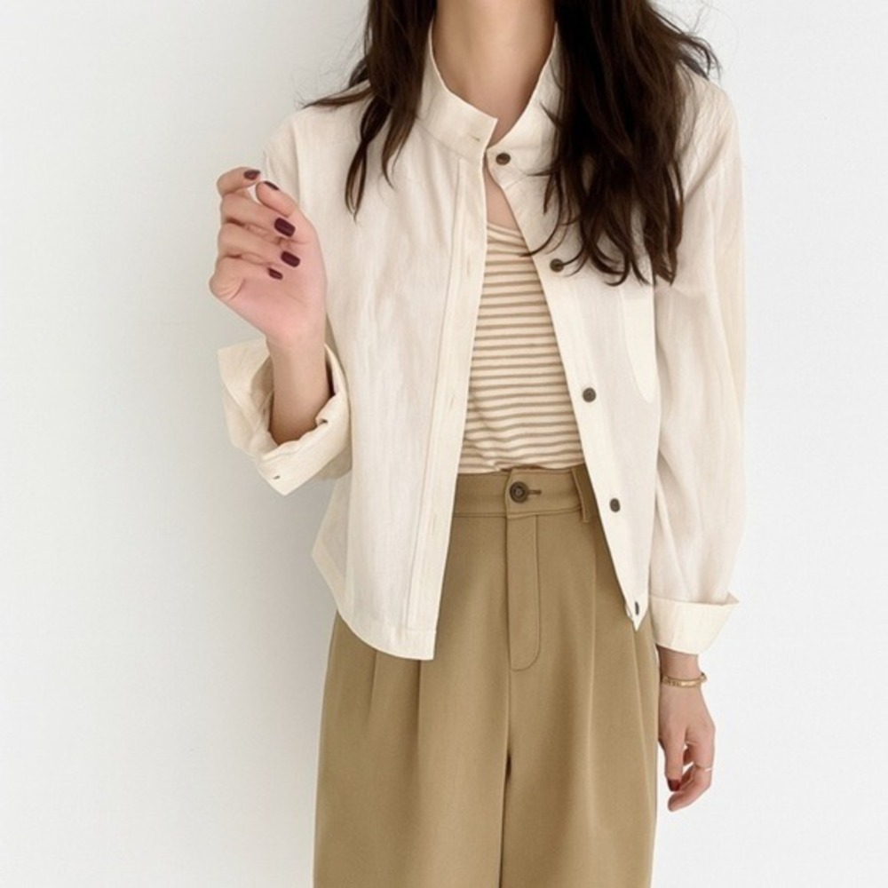 Utility‎ Band Collar Jacket Women One Size Cream New Minimalist Button Up Shirt